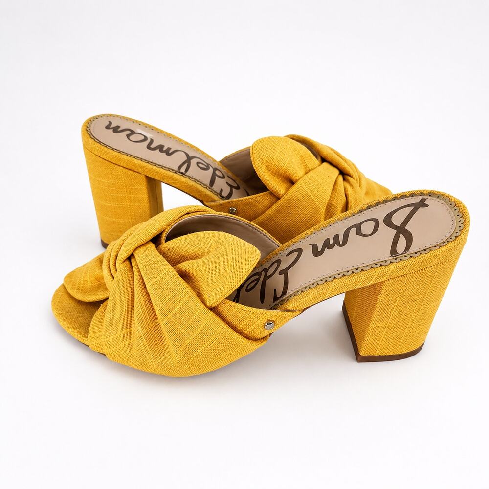 Sam Edelman Oda Block Heel Slide Sandals Bow Yellow Fabric Women’s 10 Shoes